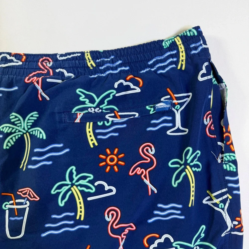 Chubbies Mens Navy Blue Neon Flamingo Palm Tree Print Swim Trunks Mesh Liner 3XL